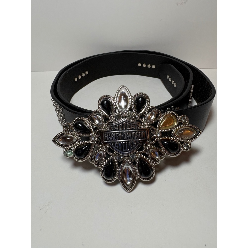 Harley-Davidson Women's Size Large Black Leather Studded Belt Rhinestone Buckle